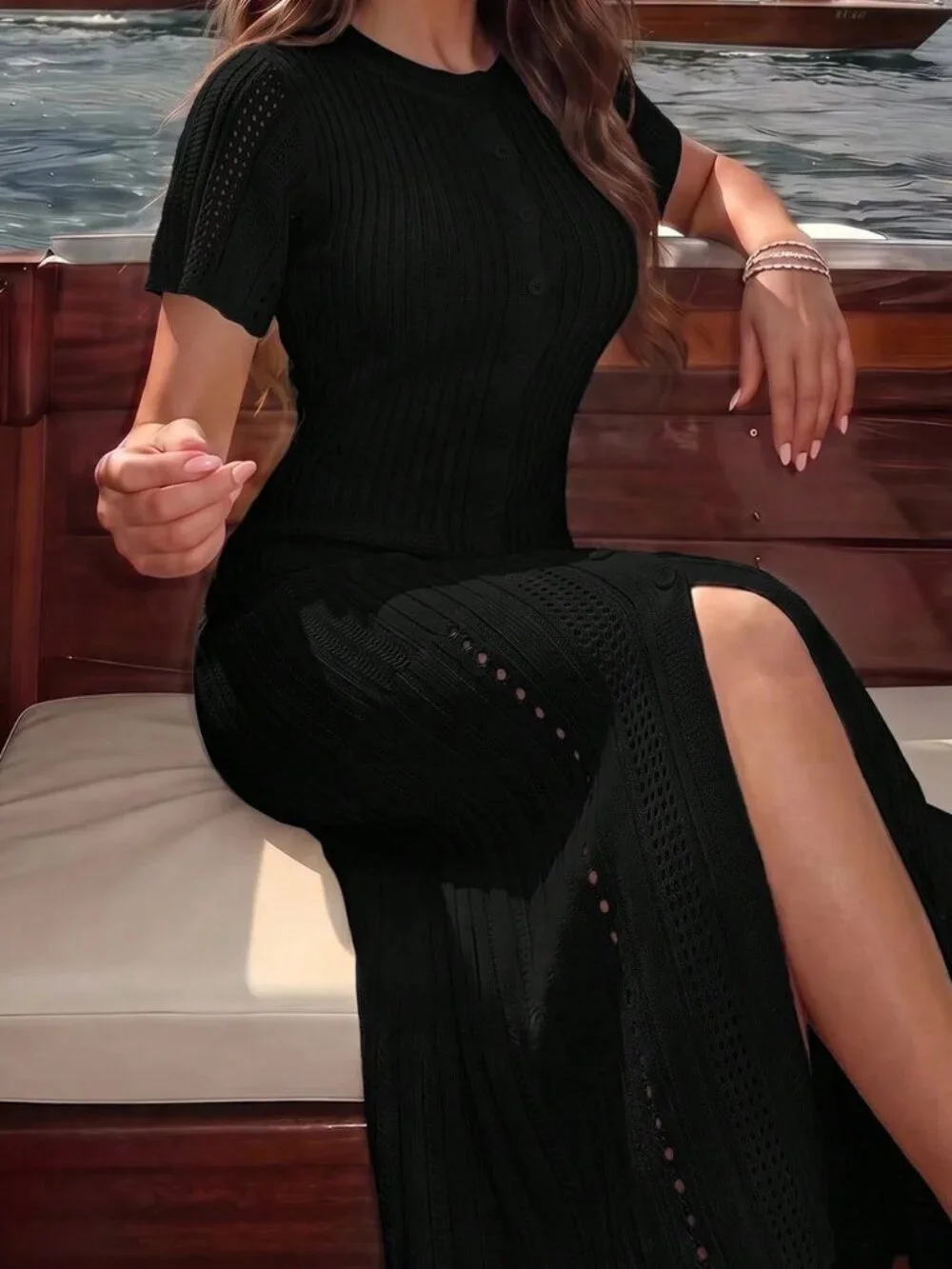 Black Elegant Women's Button Knit Short Sleeve Fishtail Skirt